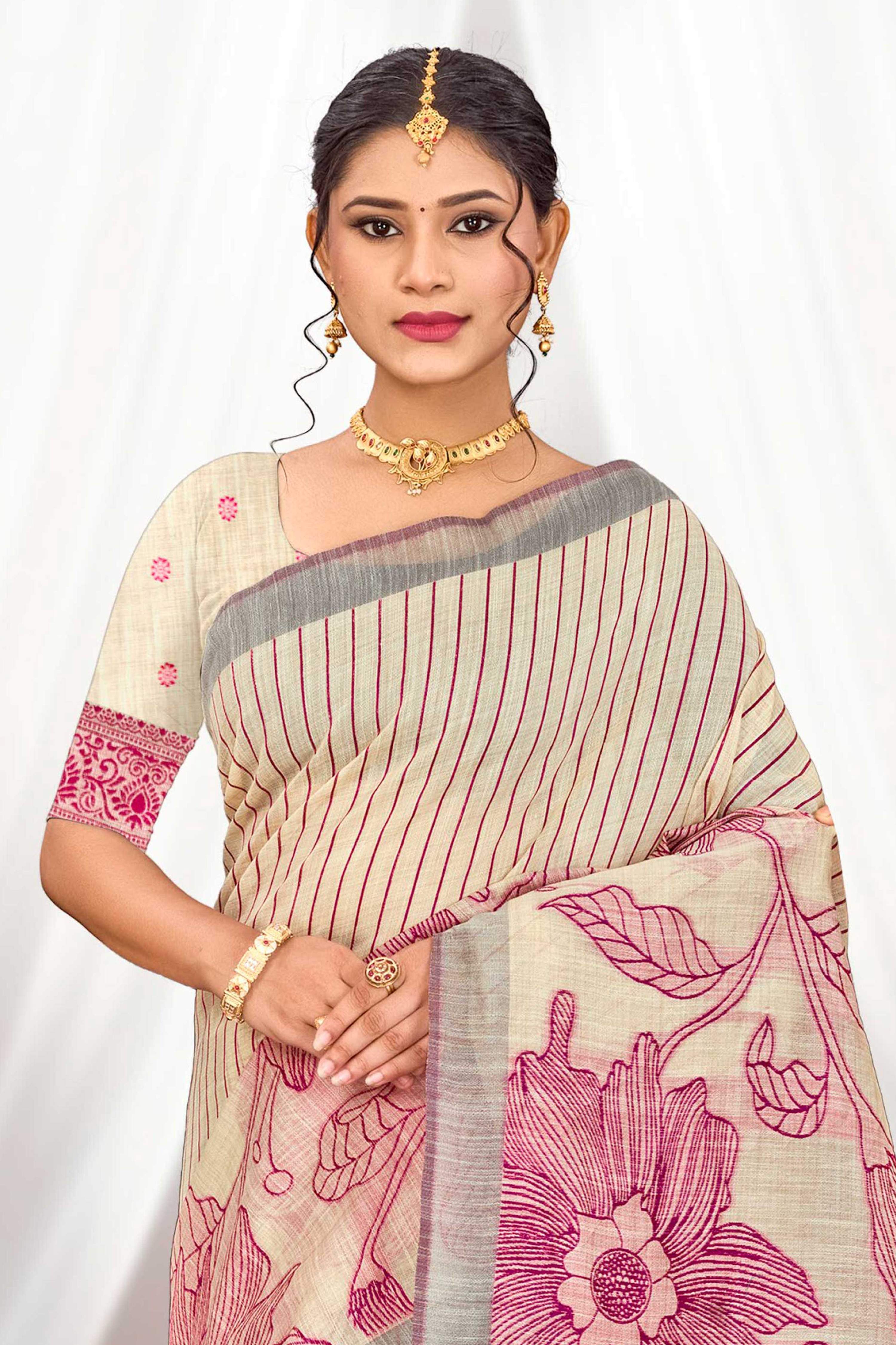 Sangam Prints Pink Cotton Blend Woven Work Traditional Saree | Grocsy