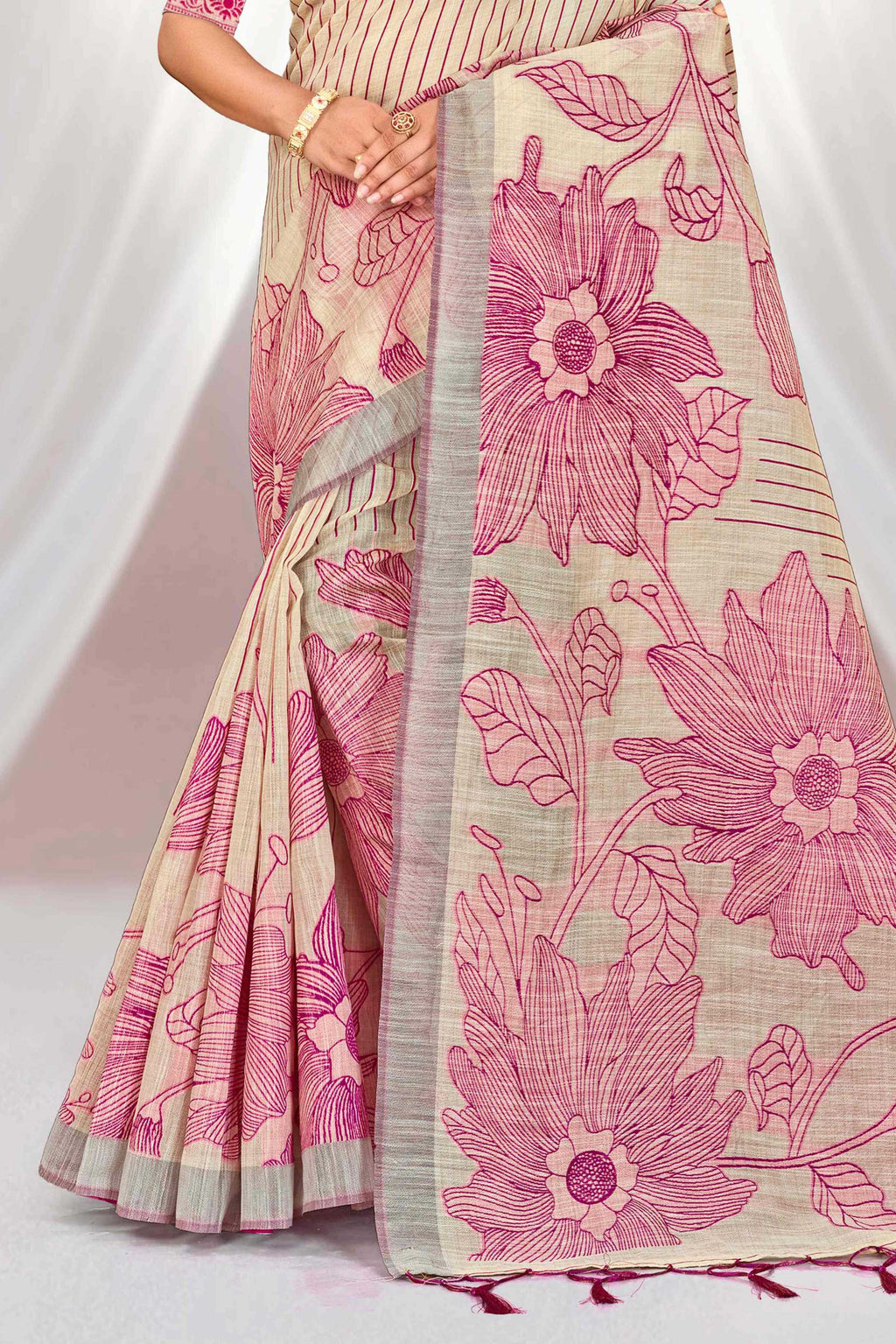 Sangam Prints Pink Cotton Blend Woven Work Traditional Saree | Grocsy