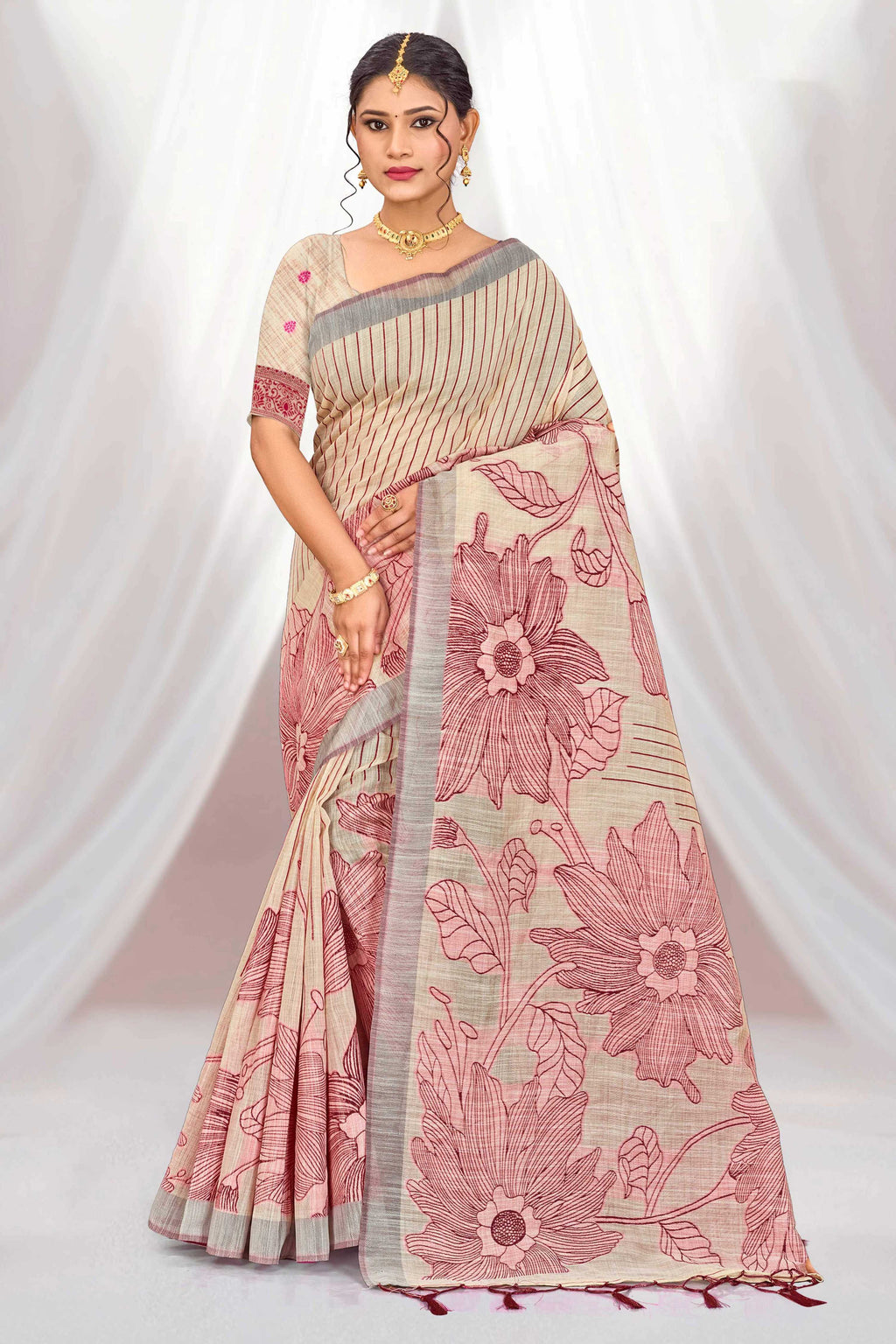 Sangam Prints Maroon Cotton Blend Woven Work Traditional Saree | Grocsy
