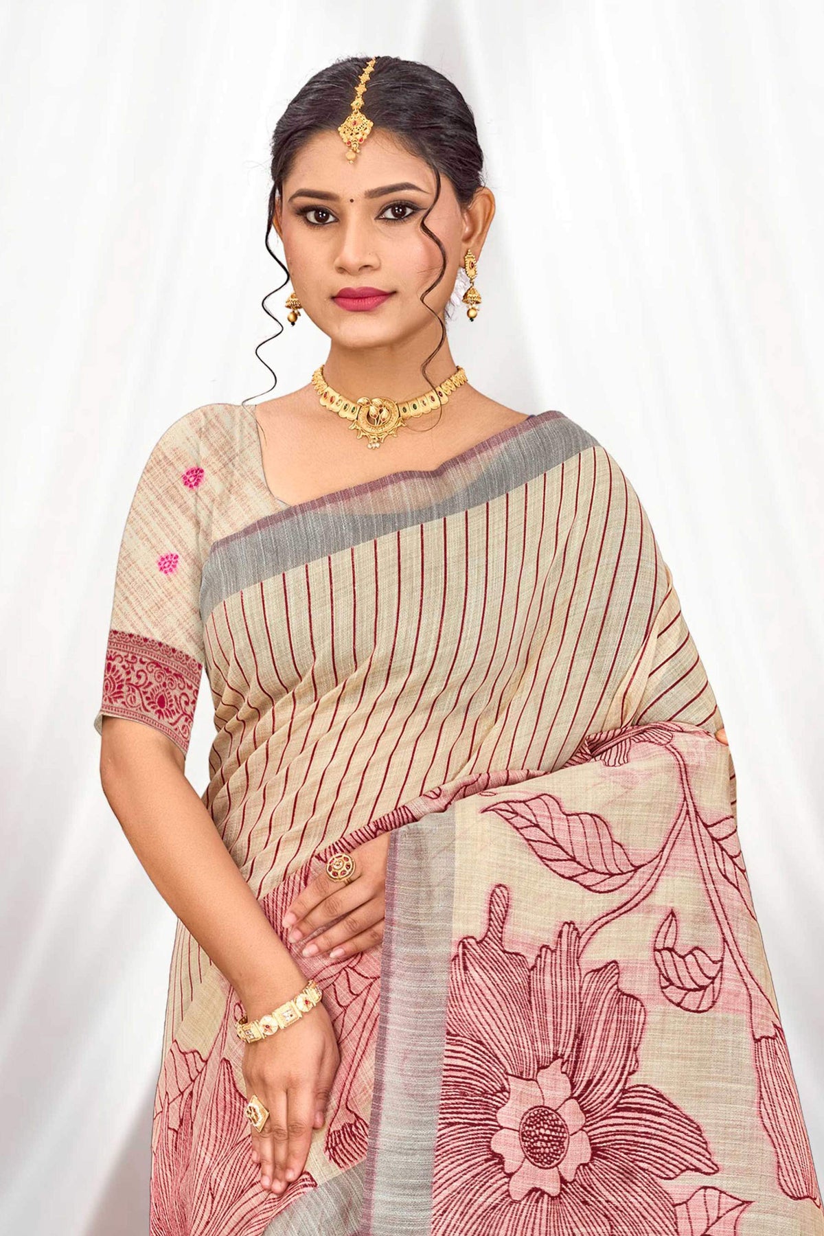 Sangam Prints Maroon Cotton Blend Woven Work Traditional Saree | Grocsy