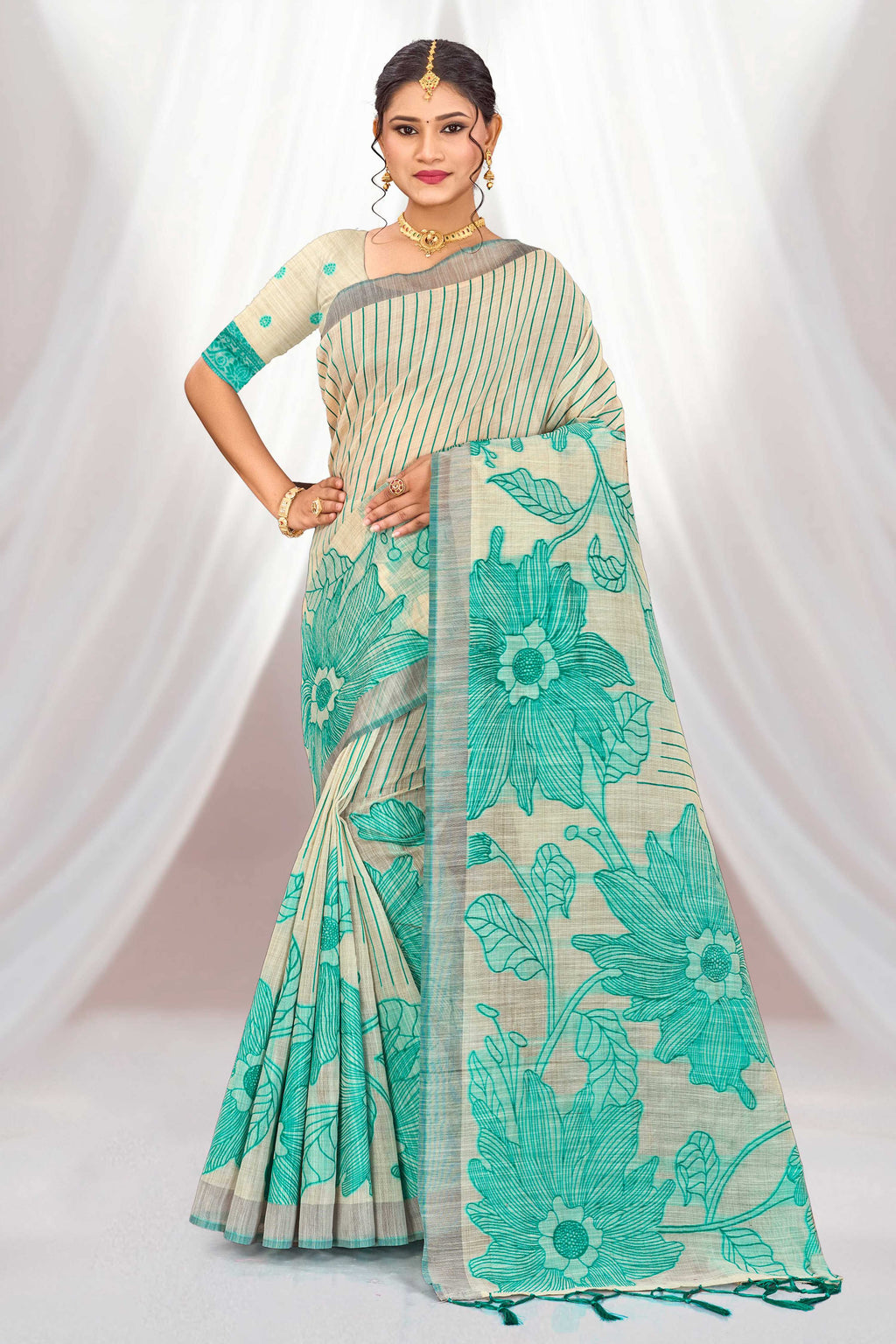 Sangam Prints Aqua Green Cotton Blend Woven Work Traditional Saree | Grocsy