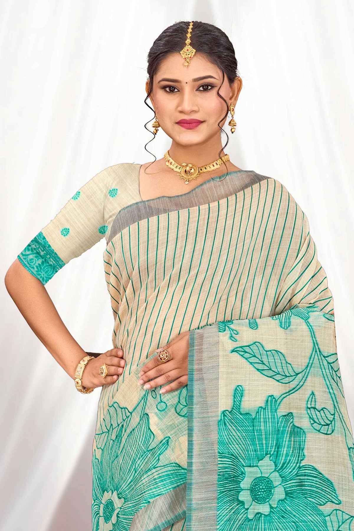 Sangam Prints Aqua Green Cotton Blend Woven Work Traditional Saree | Grocsy