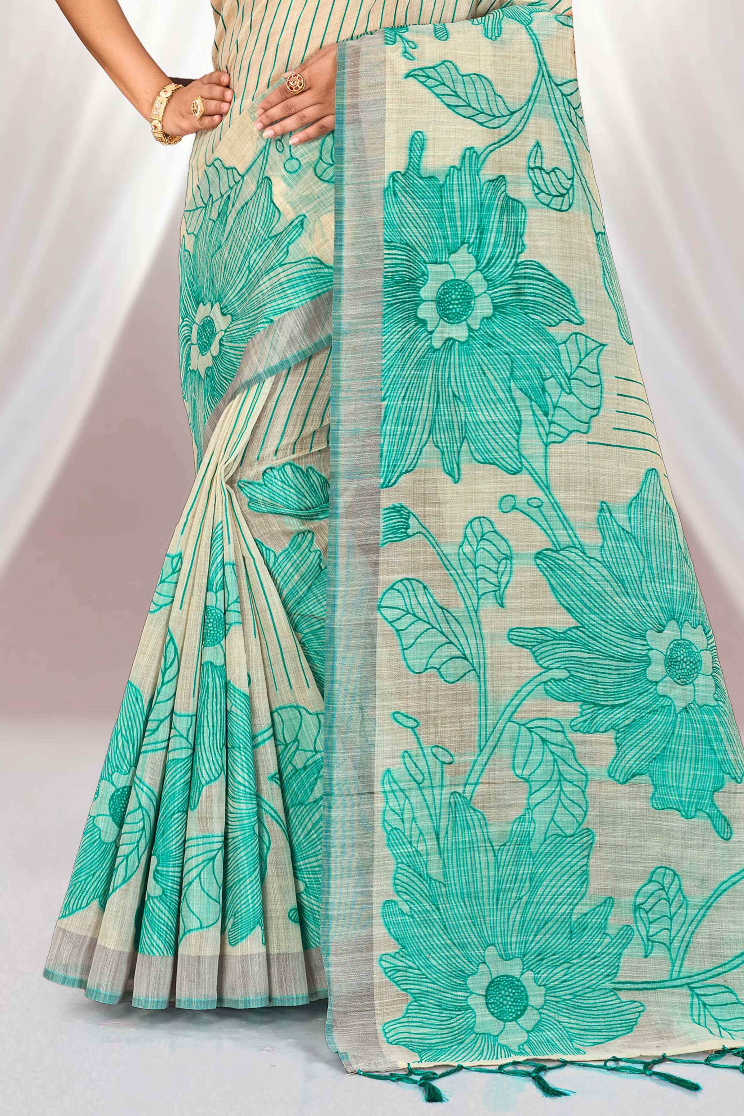 Sangam Prints Aqua Green Cotton Blend Woven Work Traditional Saree | Grocsy