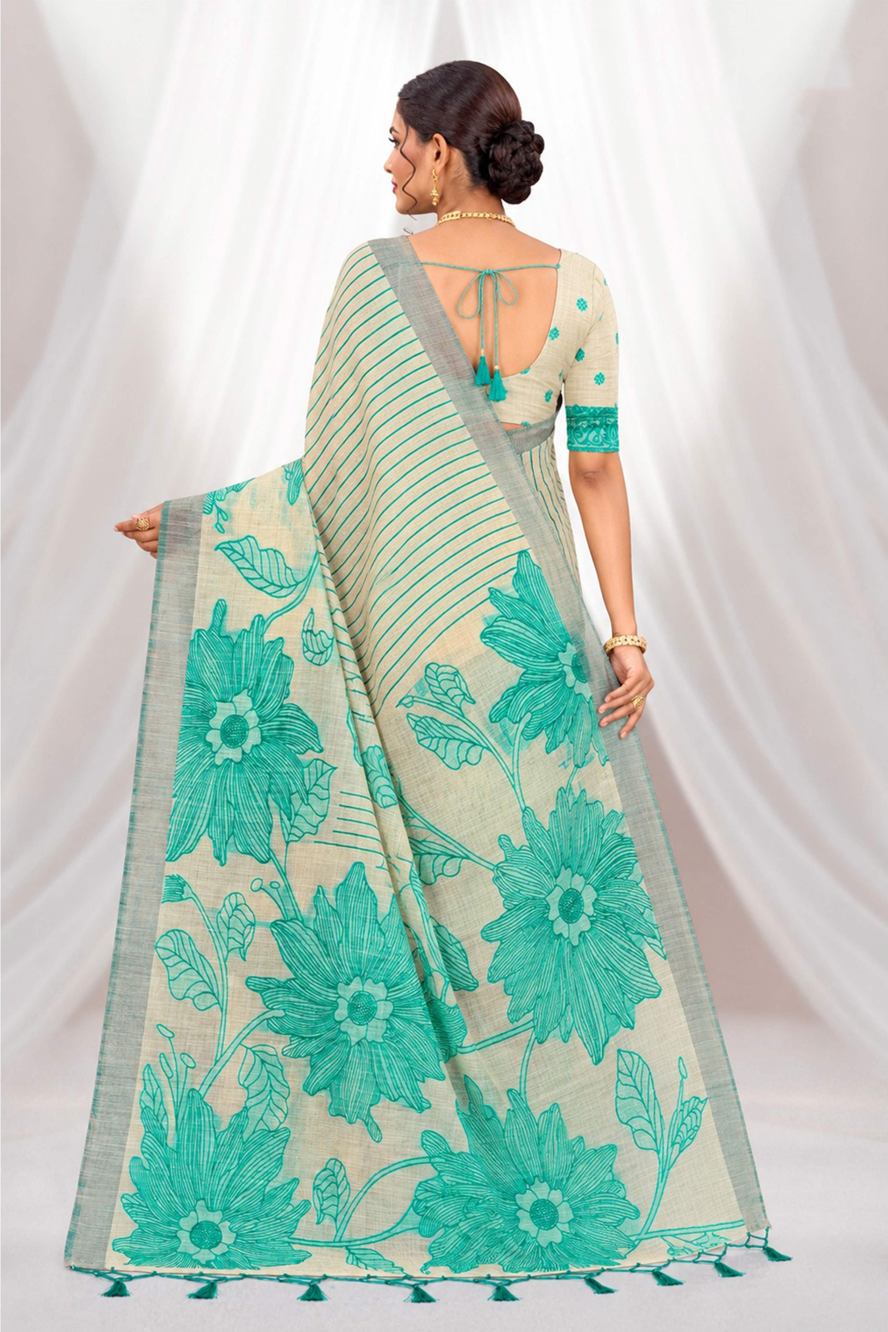 Sangam Prints Aqua Green Cotton Blend Woven Work Traditional Saree | Grocsy