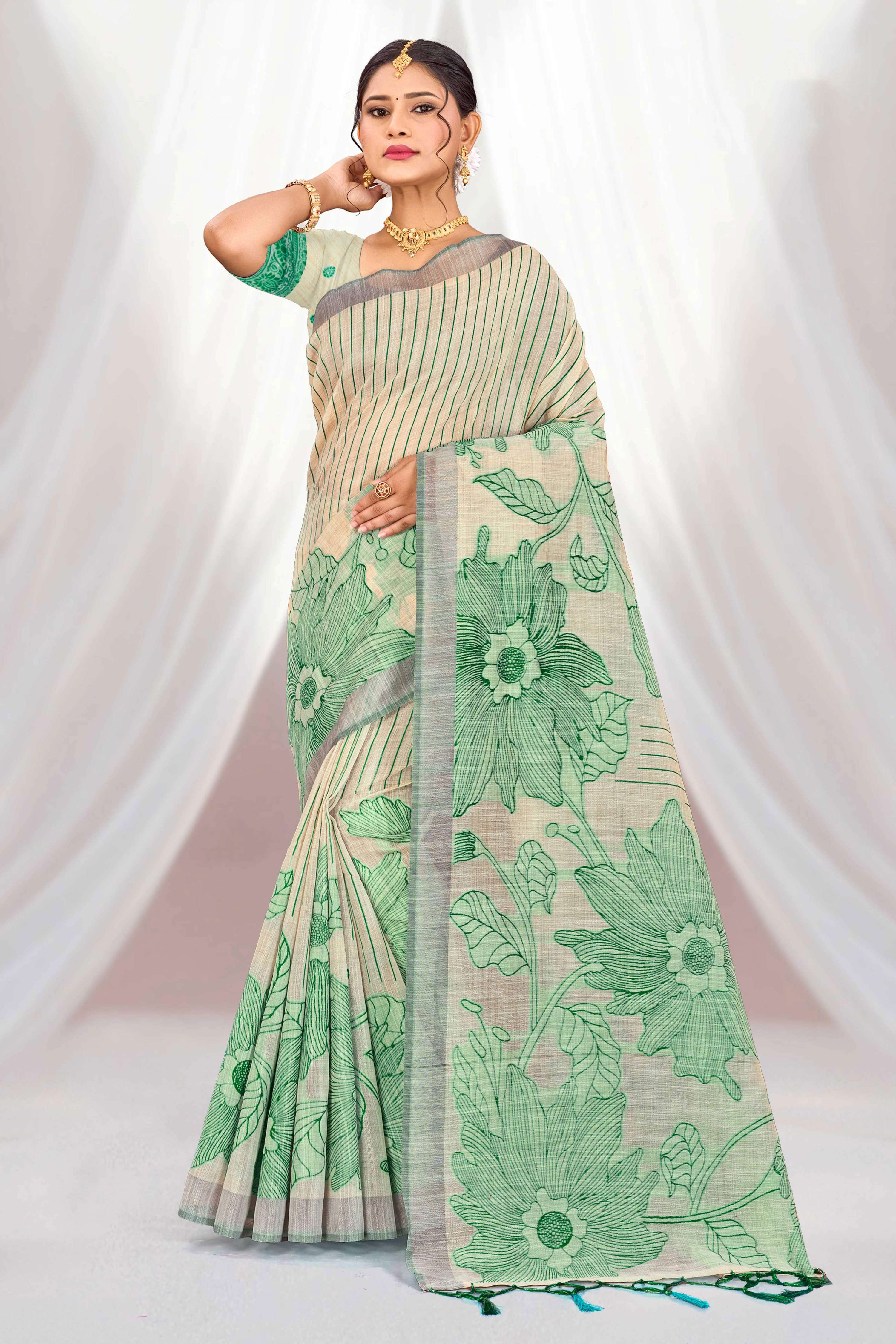Sangam Prints Green Cotton Blend Woven Work Traditional Saree | Grocsy