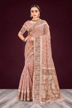 Sangam Prints Dusty Rose Cotton Blend Woven Work Traditional Saree | Grocsy