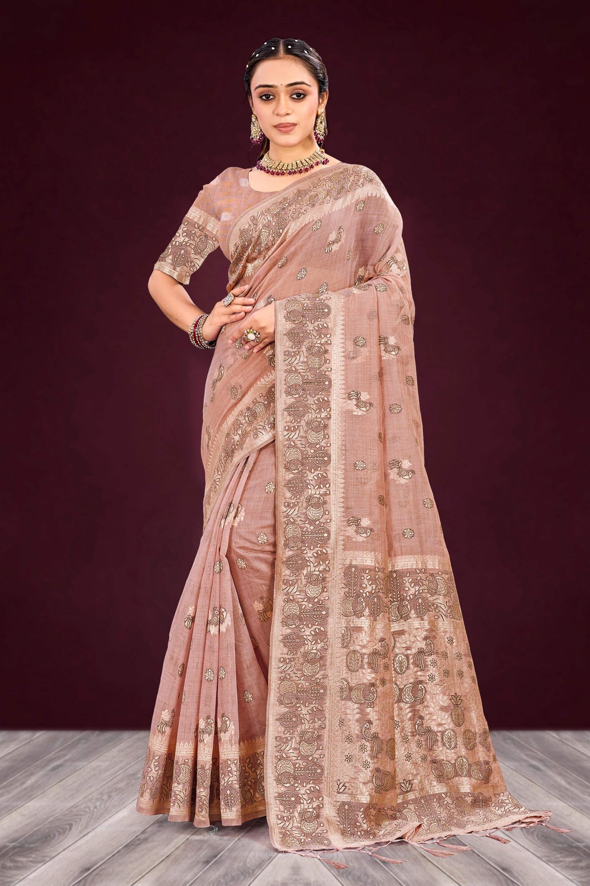 Sangam Prints Dusty Rose Cotton Blend Woven Work Traditional Saree | Grocsy