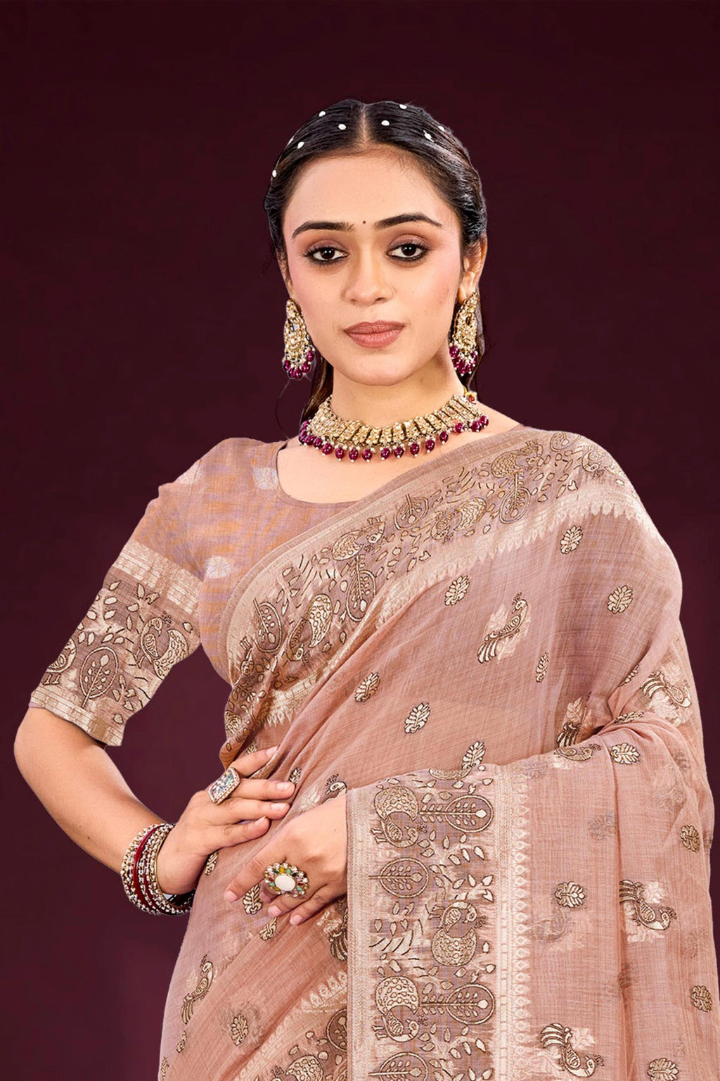 Sangam Prints Dusty Rose Cotton Blend Woven Work Traditional Saree | Grocsy
