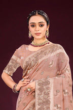 Sangam Prints Dusty Rose Cotton Blend Woven Work Traditional Saree | Grocsy