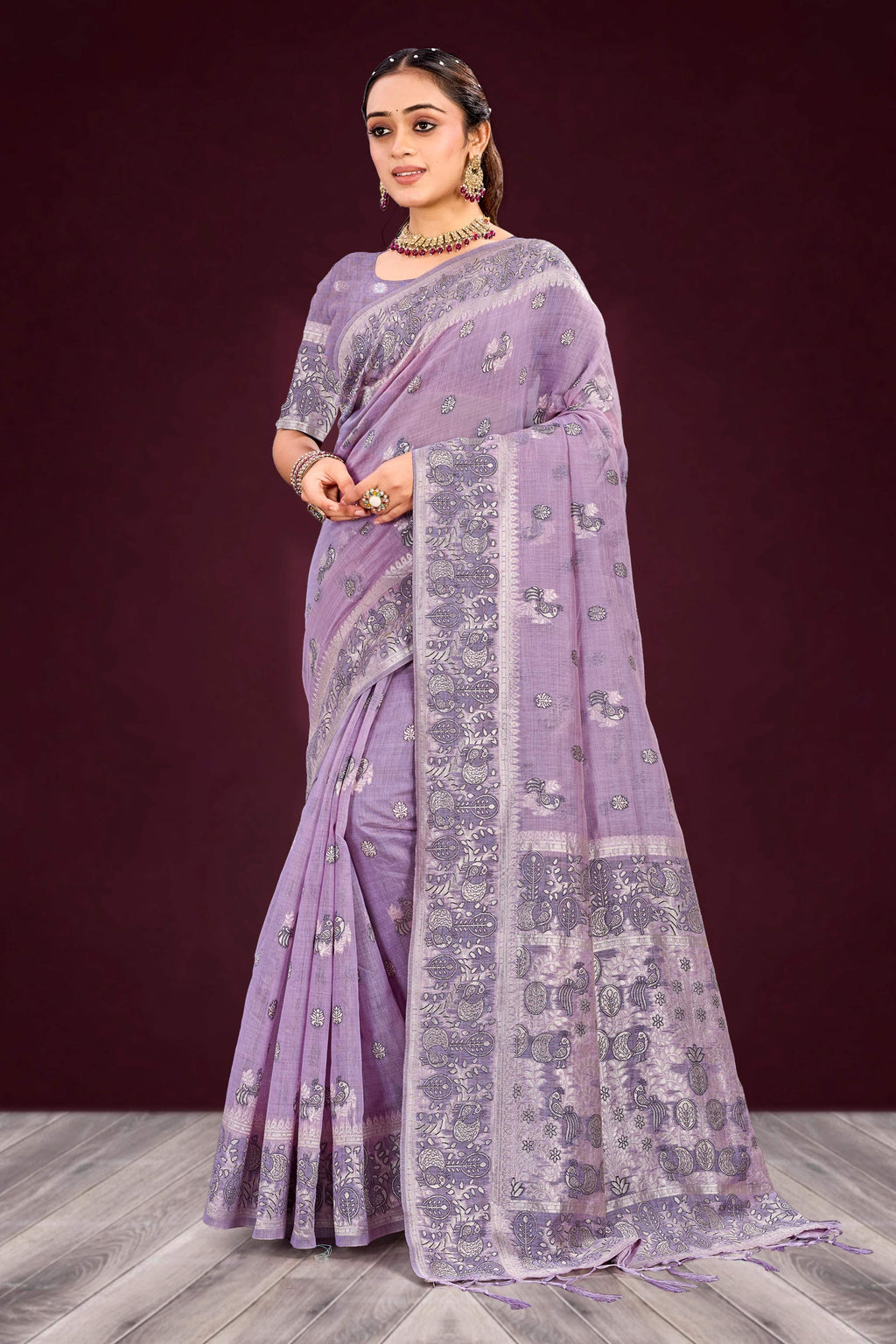 Sangam Prints Lavender Cotton Blend Woven Work Traditional Saree | Grocsy
