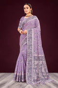 Sangam Prints Lavender Cotton Blend Woven Work Traditional Saree | Grocsy