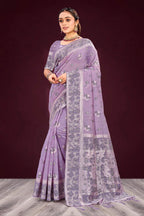 Sangam Prints Lavender Cotton Blend Woven Work Traditional Saree | Grocsy