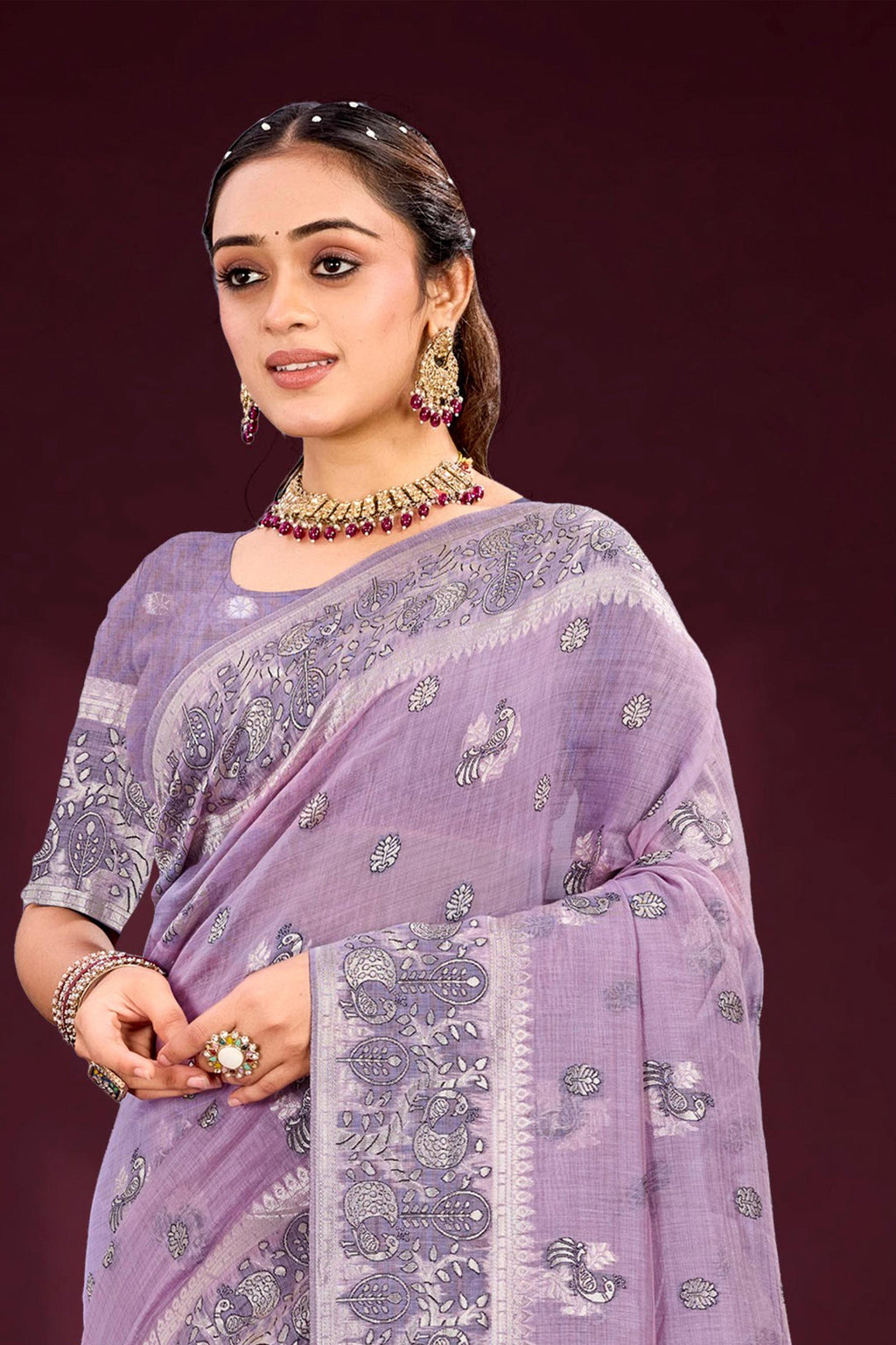 Sangam Prints Lavender Cotton Blend Woven Work Traditional Saree | Grocsy