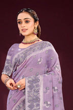 Sangam Prints Lavender Cotton Blend Woven Work Traditional Saree | Grocsy