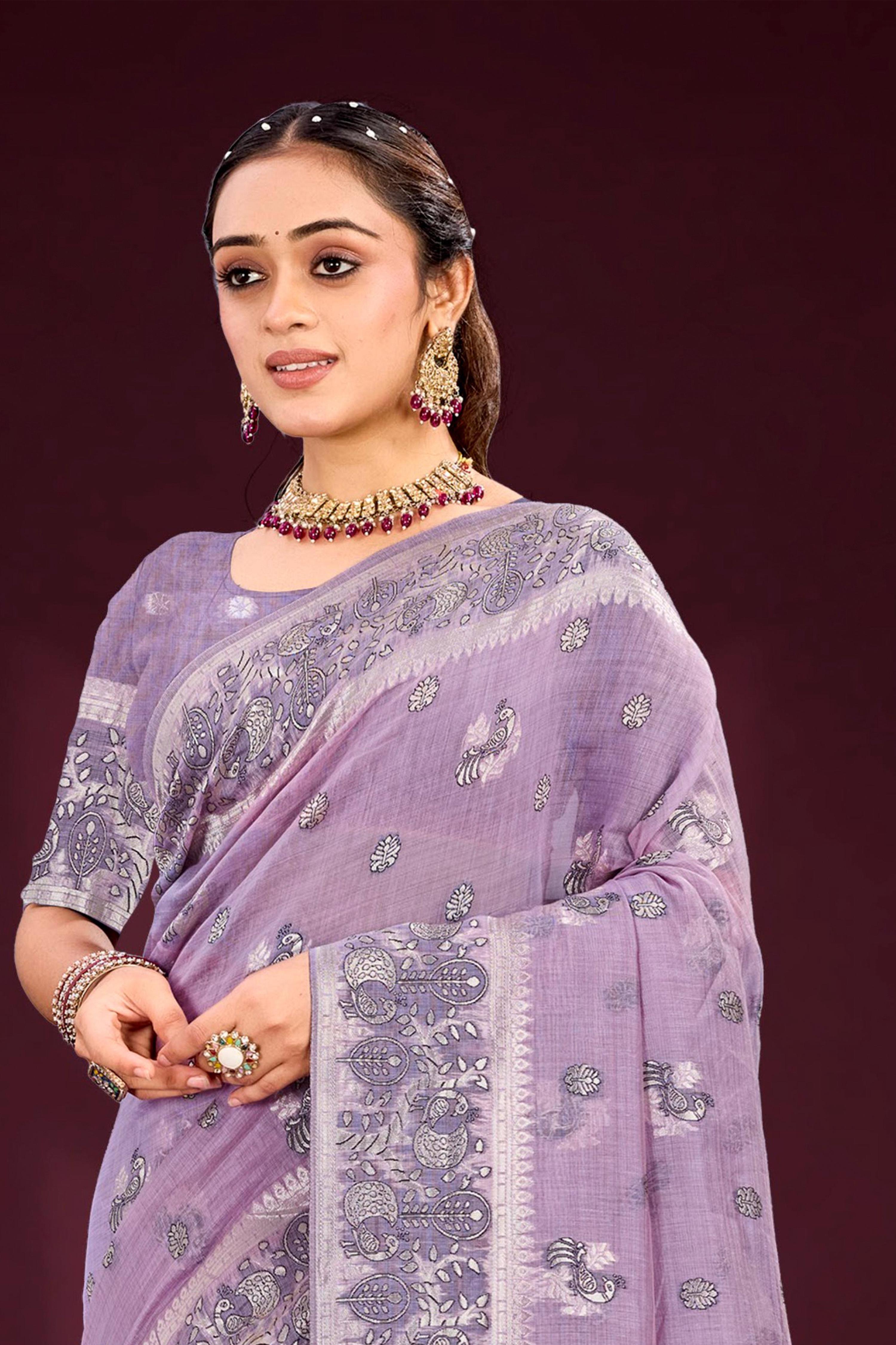 Sangam Prints Lavender Cotton Blend Woven Work Traditional Saree | Grocsy