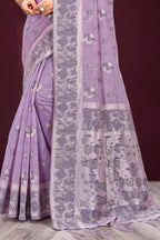 Sangam Prints Lavender Cotton Blend Woven Work Traditional Saree | Grocsy