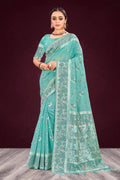 Sangam Prints Aqua Mint Green Cotton Blend Woven Work Traditional Saree | Grocsy