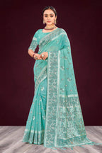 Sangam Prints Aqua Mint Green Cotton Blend Woven Work Traditional Saree | Grocsy