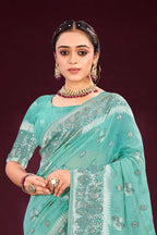 Sangam Prints Aqua Mint Green Cotton Blend Woven Work Traditional Saree | Grocsy