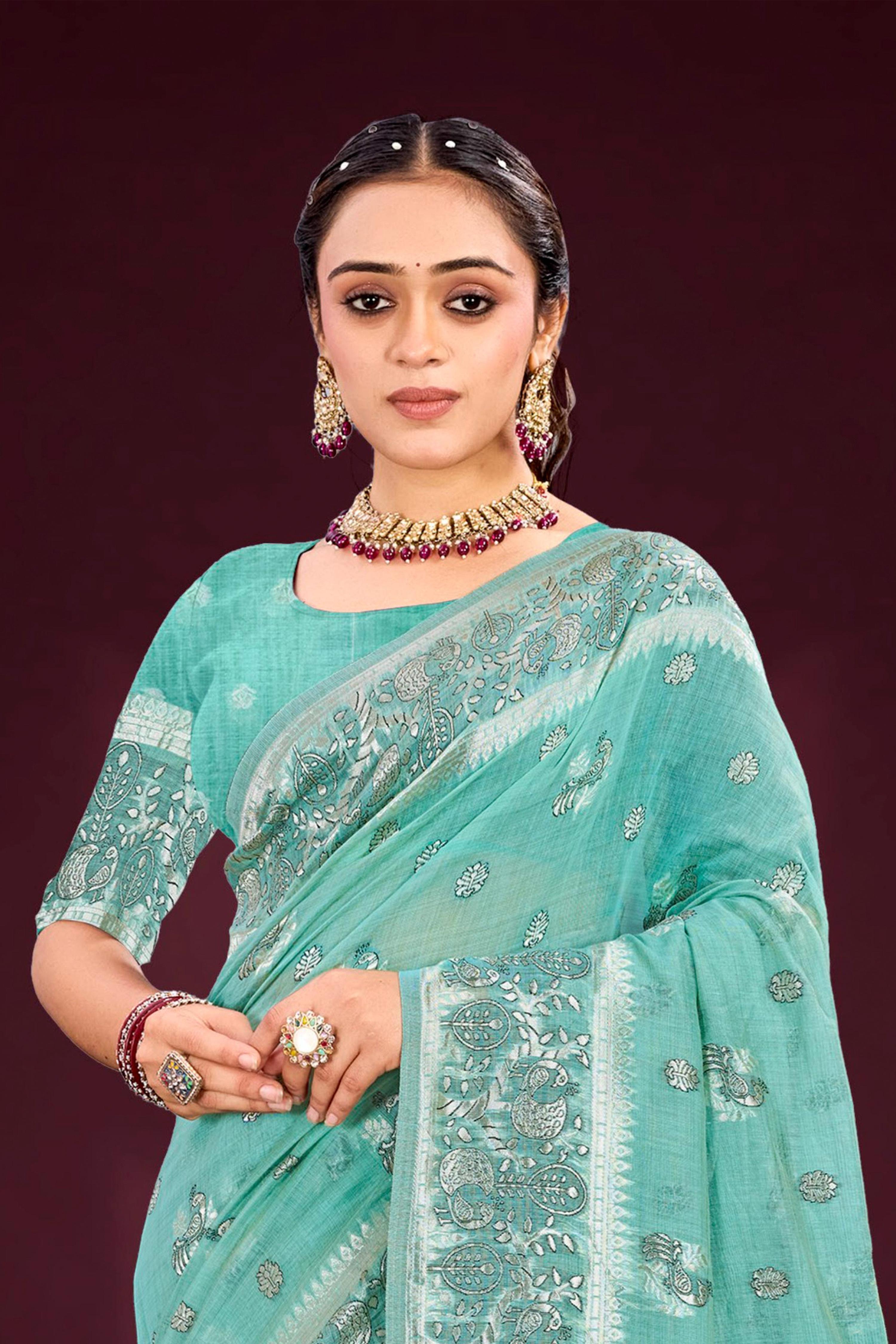 Sangam Prints Aqua Mint Green Cotton Blend Woven Work Traditional Saree | Grocsy