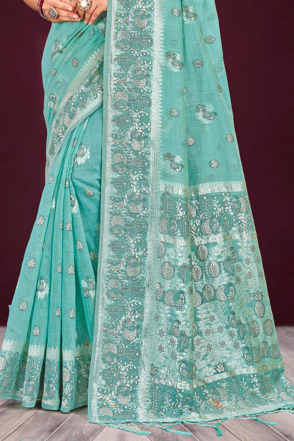 Sangam Prints Aqua Mint Green Cotton Blend Woven Work Traditional Saree | Grocsy