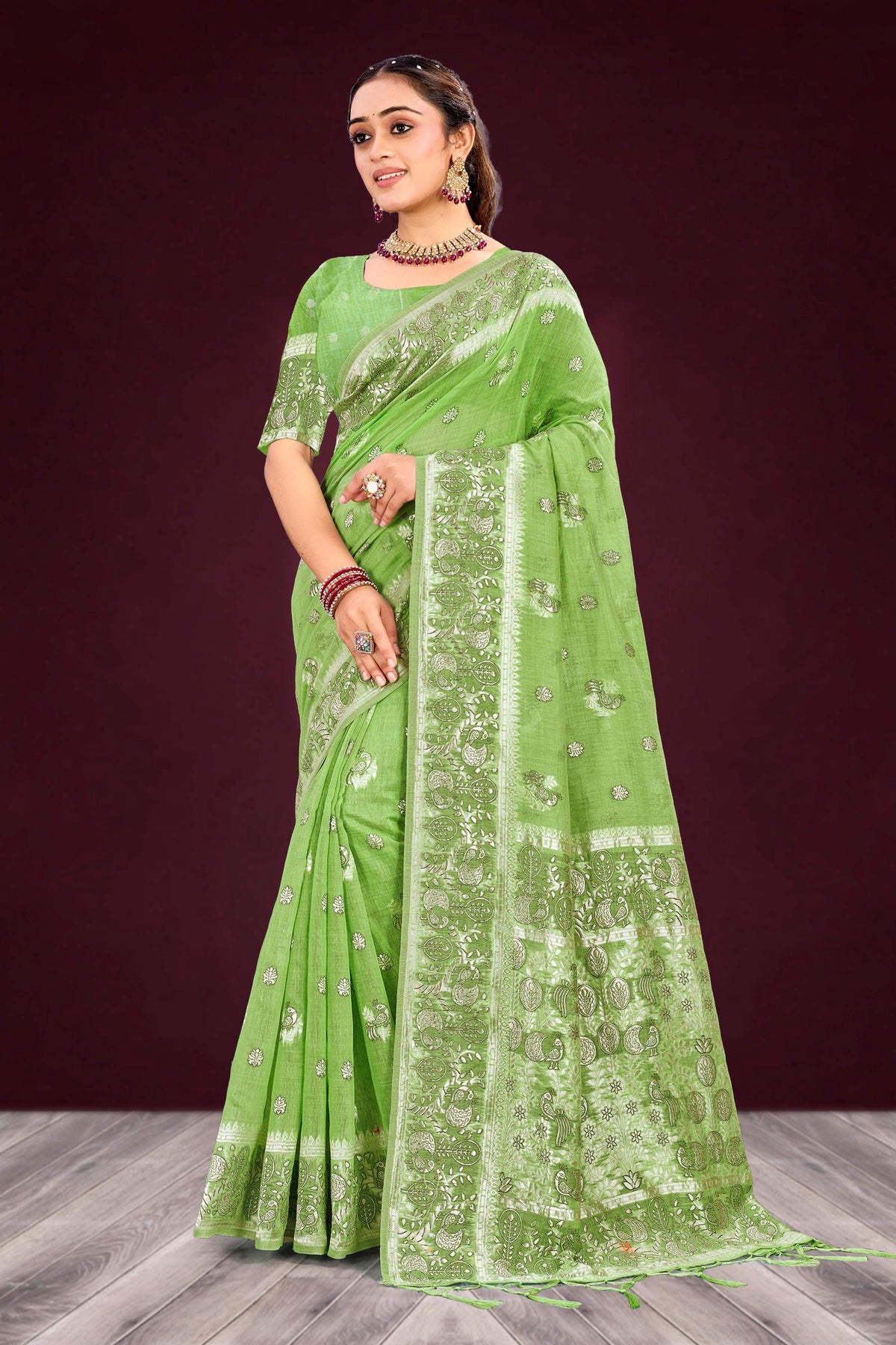 Sangam Prints Leaf Green Cotton Blend Woven Work Traditional Saree | Grocsy