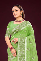 Sangam Prints Leaf Green Cotton Blend Woven Work Traditional Saree | Grocsy