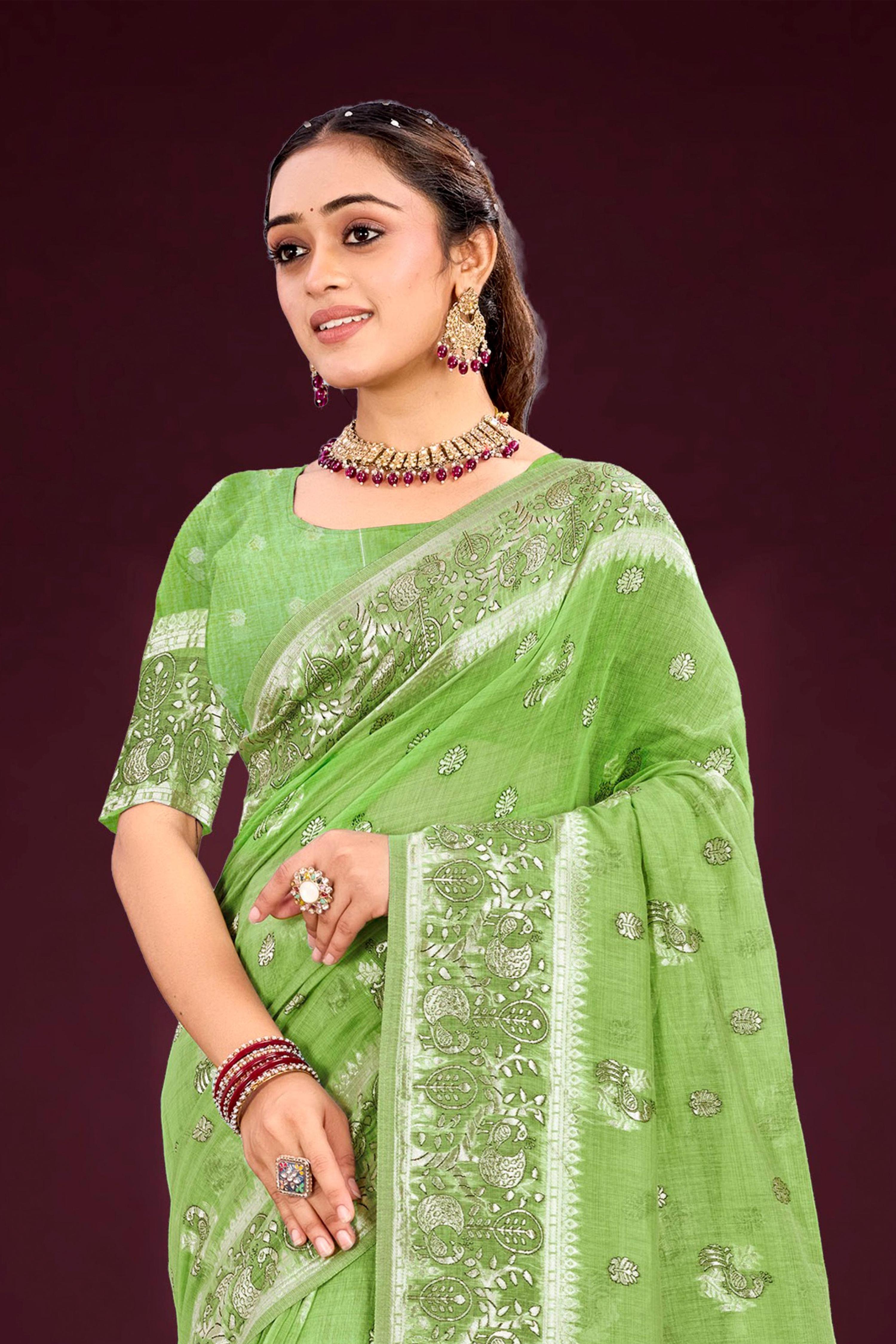 Sangam Prints Leaf Green Cotton Blend Woven Work Traditional Saree | Grocsy