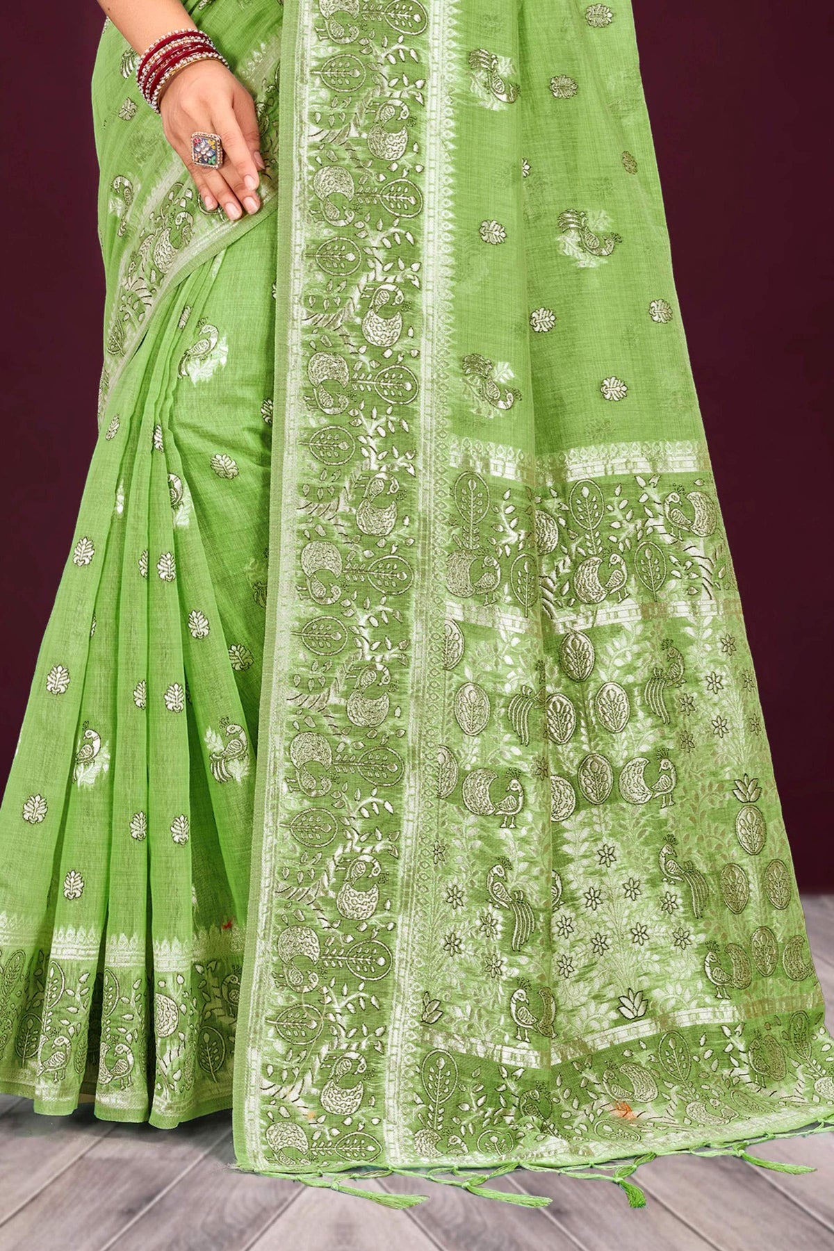 Sangam Prints Leaf Green Cotton Blend Woven Work Traditional Saree | Grocsy