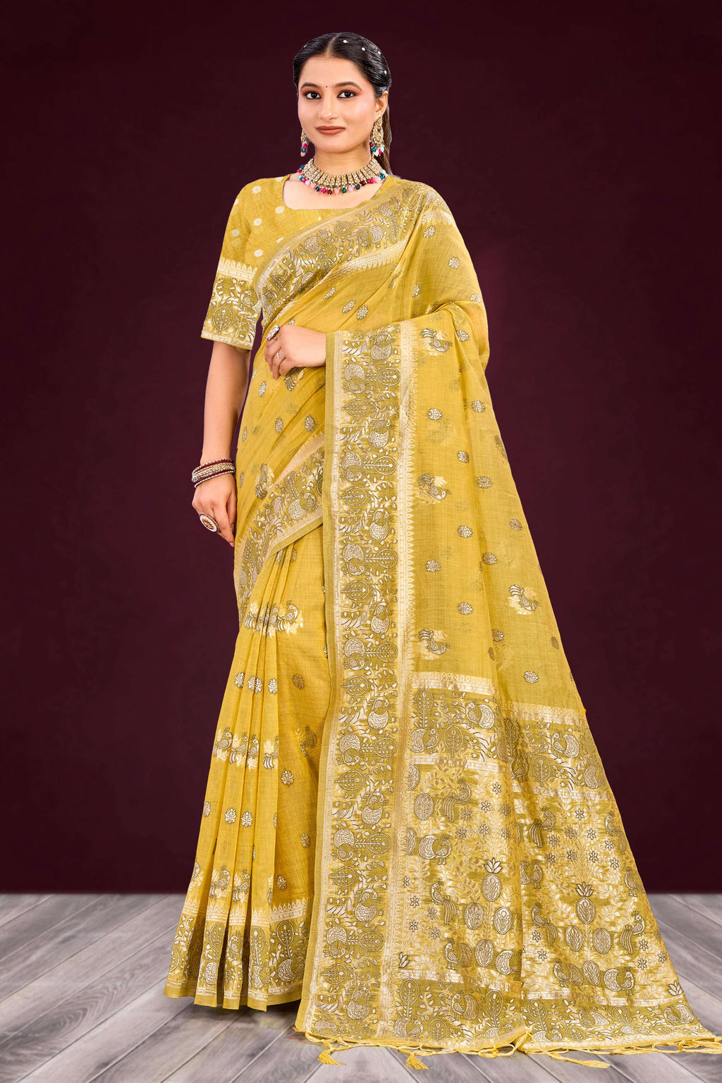 Sangam Prints Mustard Yellow Cotton Blend Woven Work Traditional Saree | Grocsy