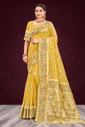 Sangam Prints Mustard Yellow Cotton Blend Woven Work Traditional Saree | Grocsy