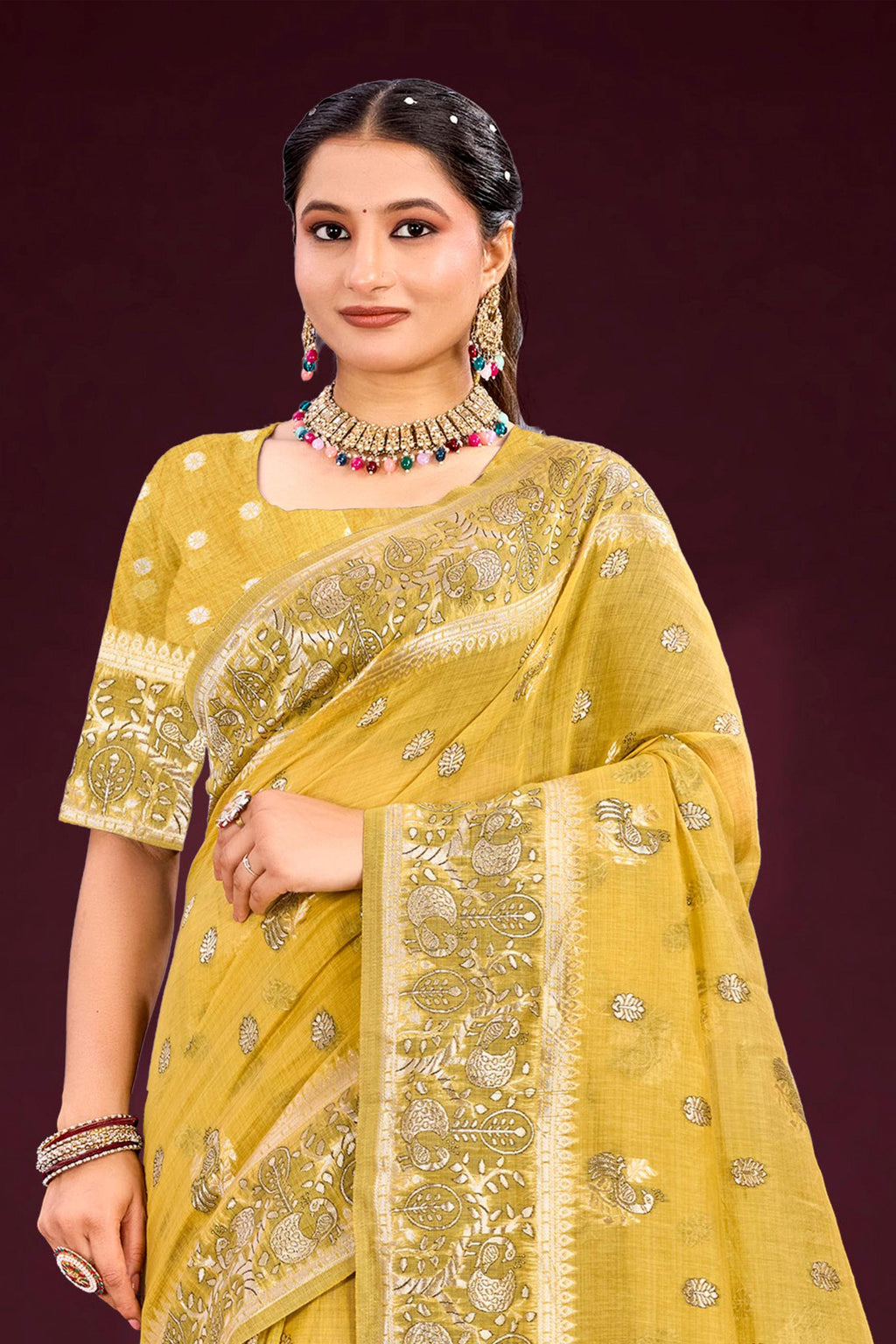 Sangam Prints Mustard Yellow Cotton Blend Woven Work Traditional Saree | Grocsy