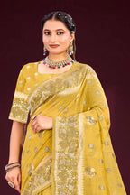 Sangam Prints Mustard Yellow Cotton Blend Woven Work Traditional Saree | Grocsy