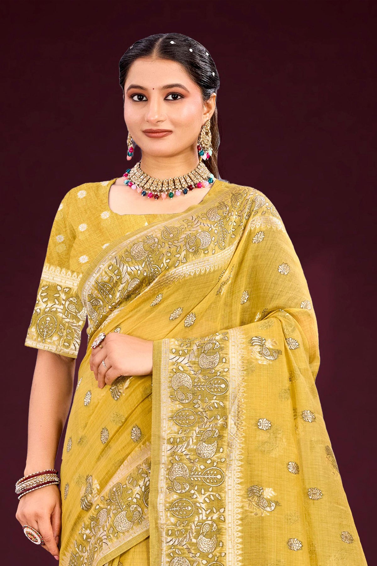 Sangam Prints Mustard Yellow Cotton Blend Woven Work Traditional Saree | Grocsy