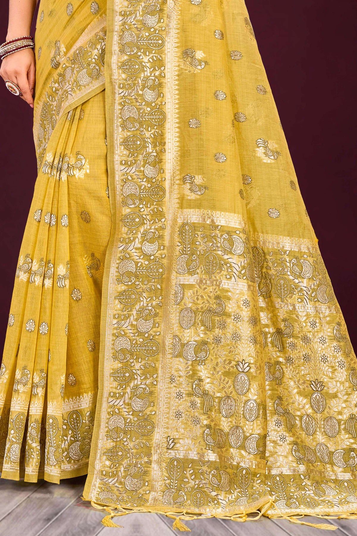 Sangam Prints Mustard Yellow Cotton Blend Woven Work Traditional Saree | Grocsy