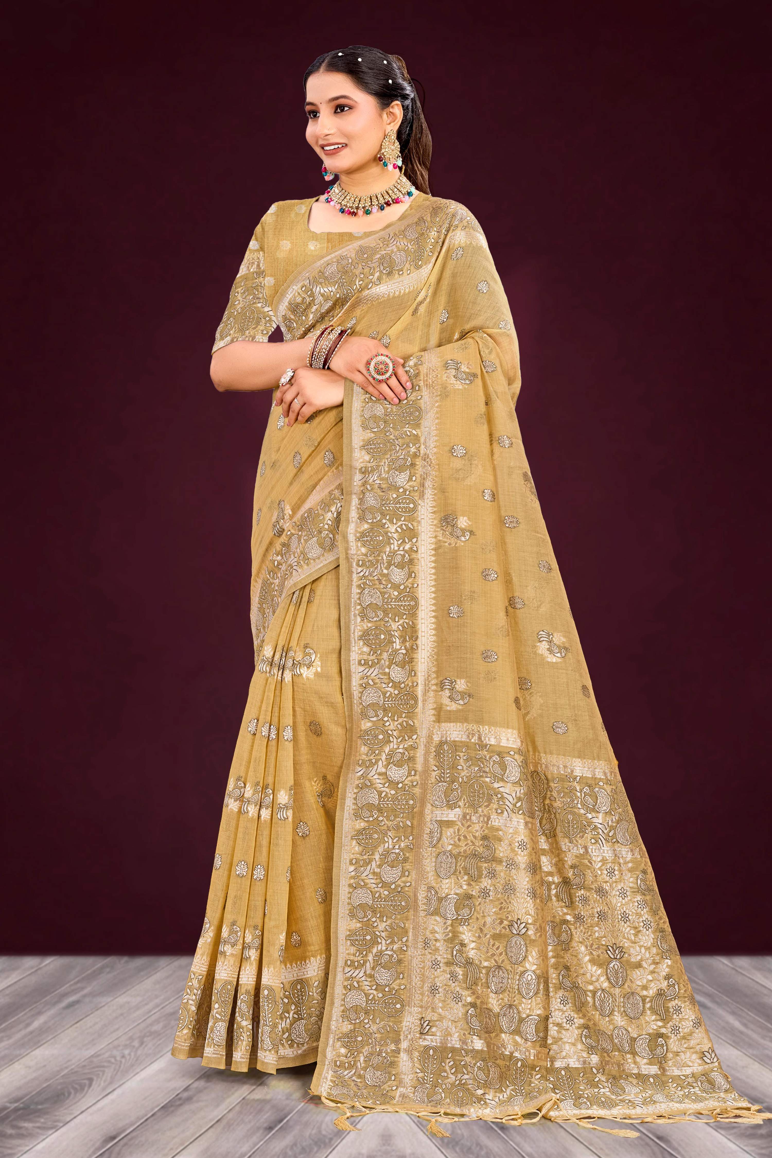 Sangam Prints Antique Gold Cotton Blend Woven Work Traditional Saree | Grocsy