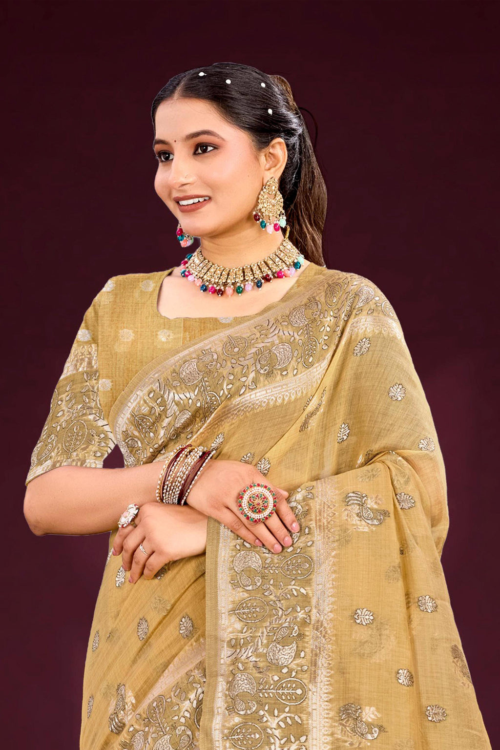Sangam Prints Antique Gold Cotton Blend Woven Work Traditional Saree | Grocsy