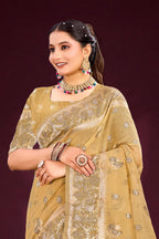 Sangam Prints Antique Gold Cotton Blend Woven Work Traditional Saree | Grocsy
