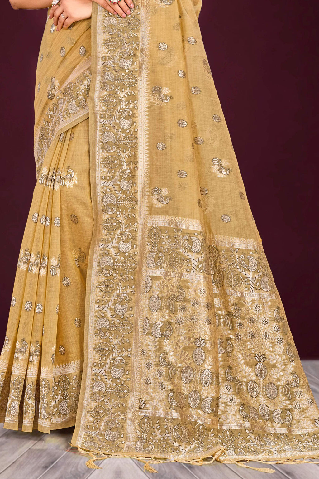 Sangam Prints Antique Gold Cotton Blend Woven Work Traditional Saree | Grocsy