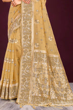 Sangam Prints Antique Gold Cotton Blend Woven Work Traditional Saree | Grocsy