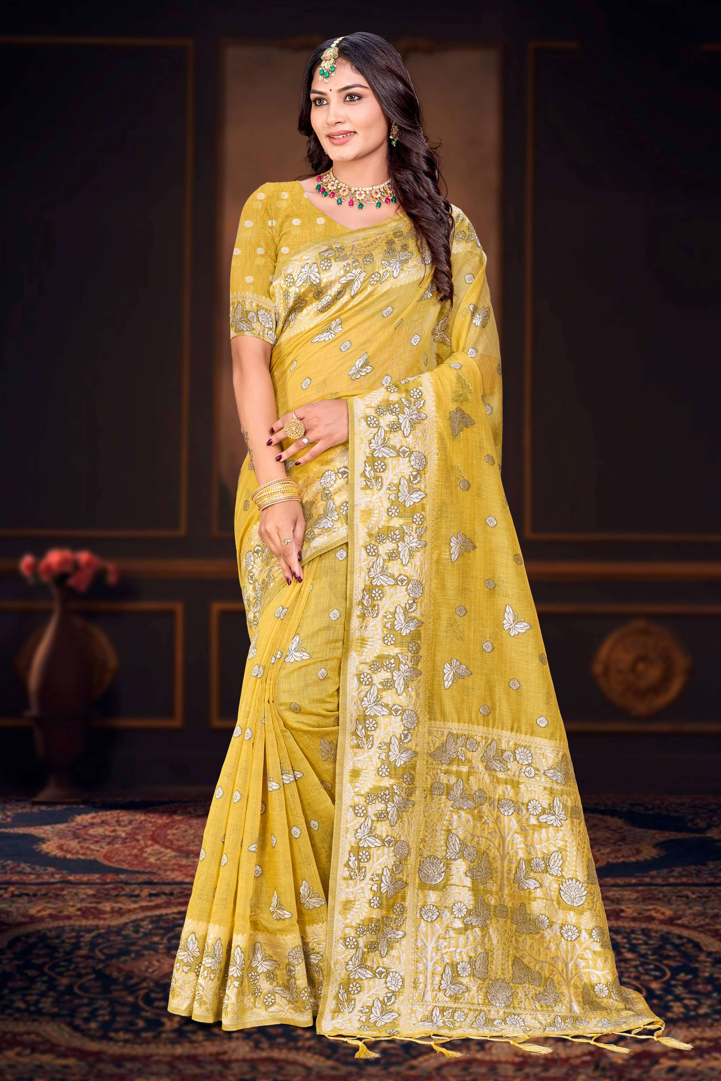 Sangam Prints Mustard Yellow Cotton Blend Woven Work Traditional Saree | Grocsy