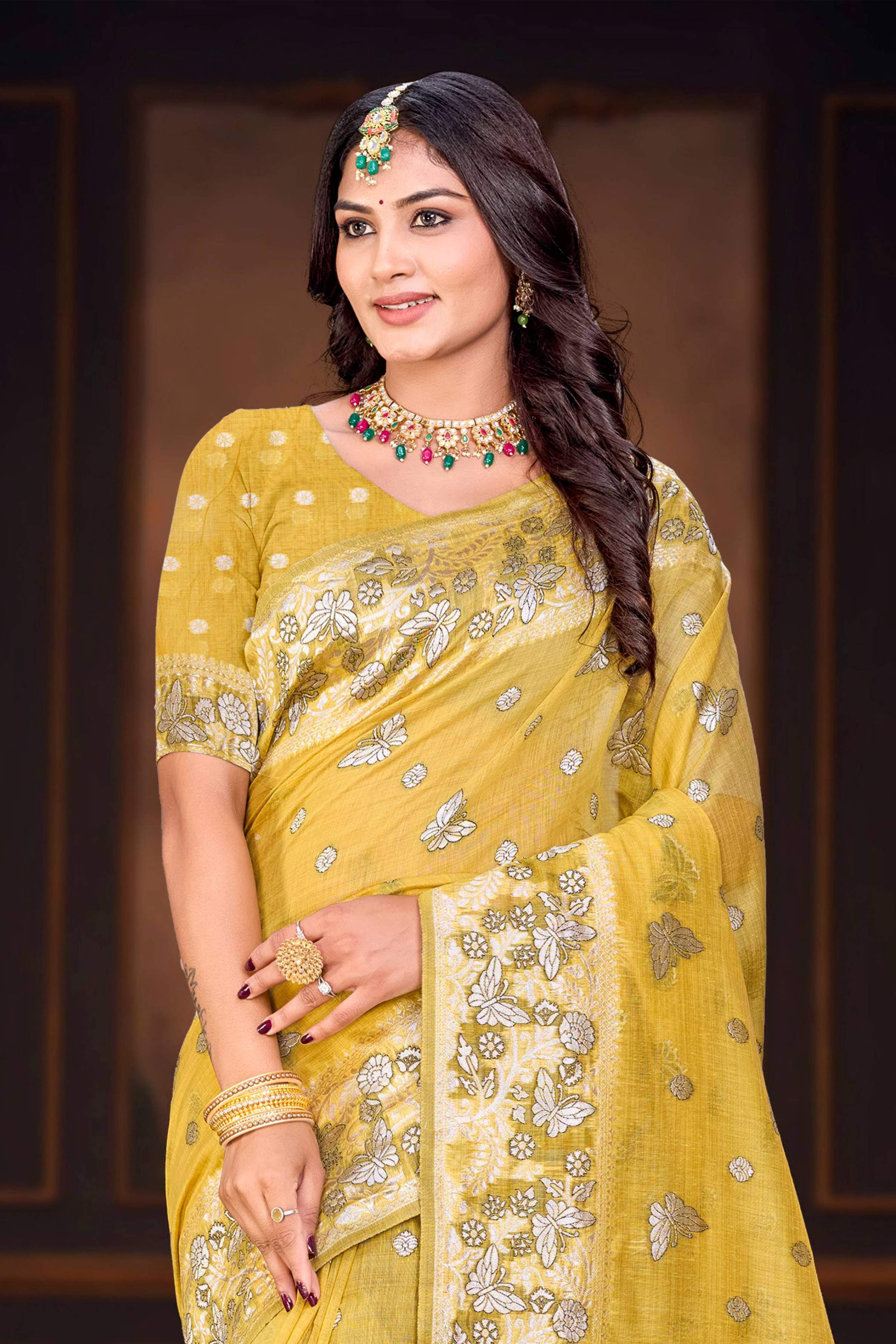 Sangam Prints Mustard Yellow Cotton Blend Woven Work Traditional Saree | Grocsy