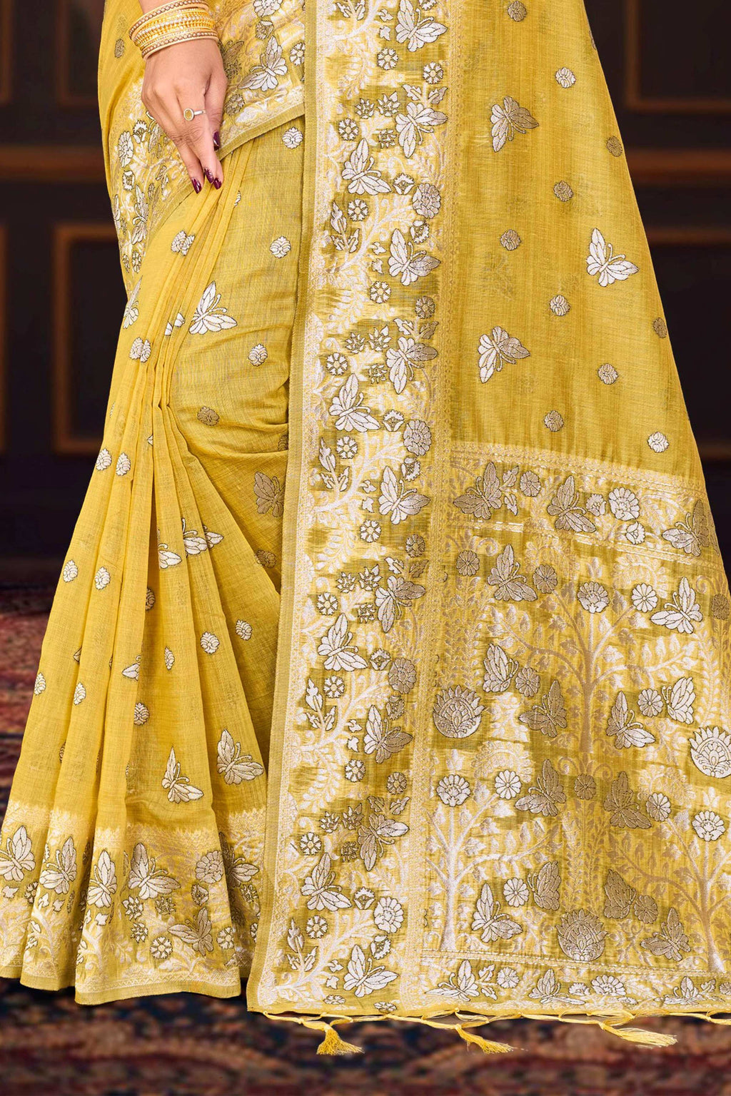Sangam Prints Mustard Yellow Cotton Blend Woven Work Traditional Saree | Grocsy