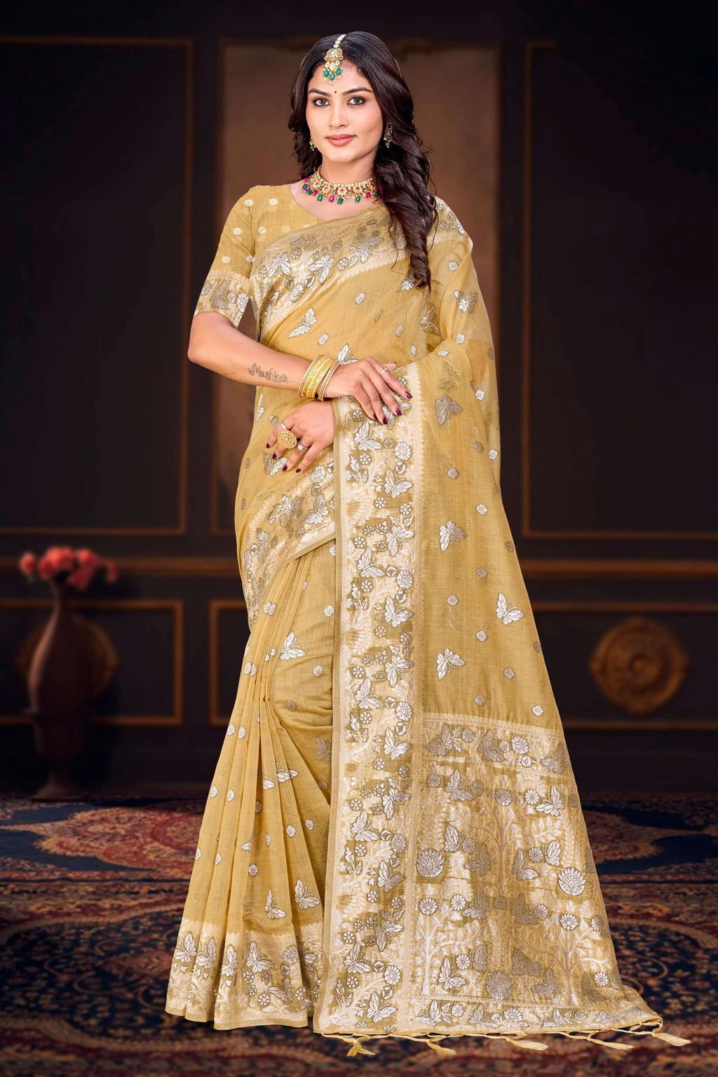 Sangam Prints Dusty Mustard Cotton Blend Woven Work Traditional Saree | Grocsy