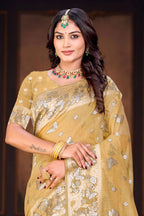 Sangam Prints Dusty Mustard Cotton Blend Woven Work Traditional Saree | Grocsy