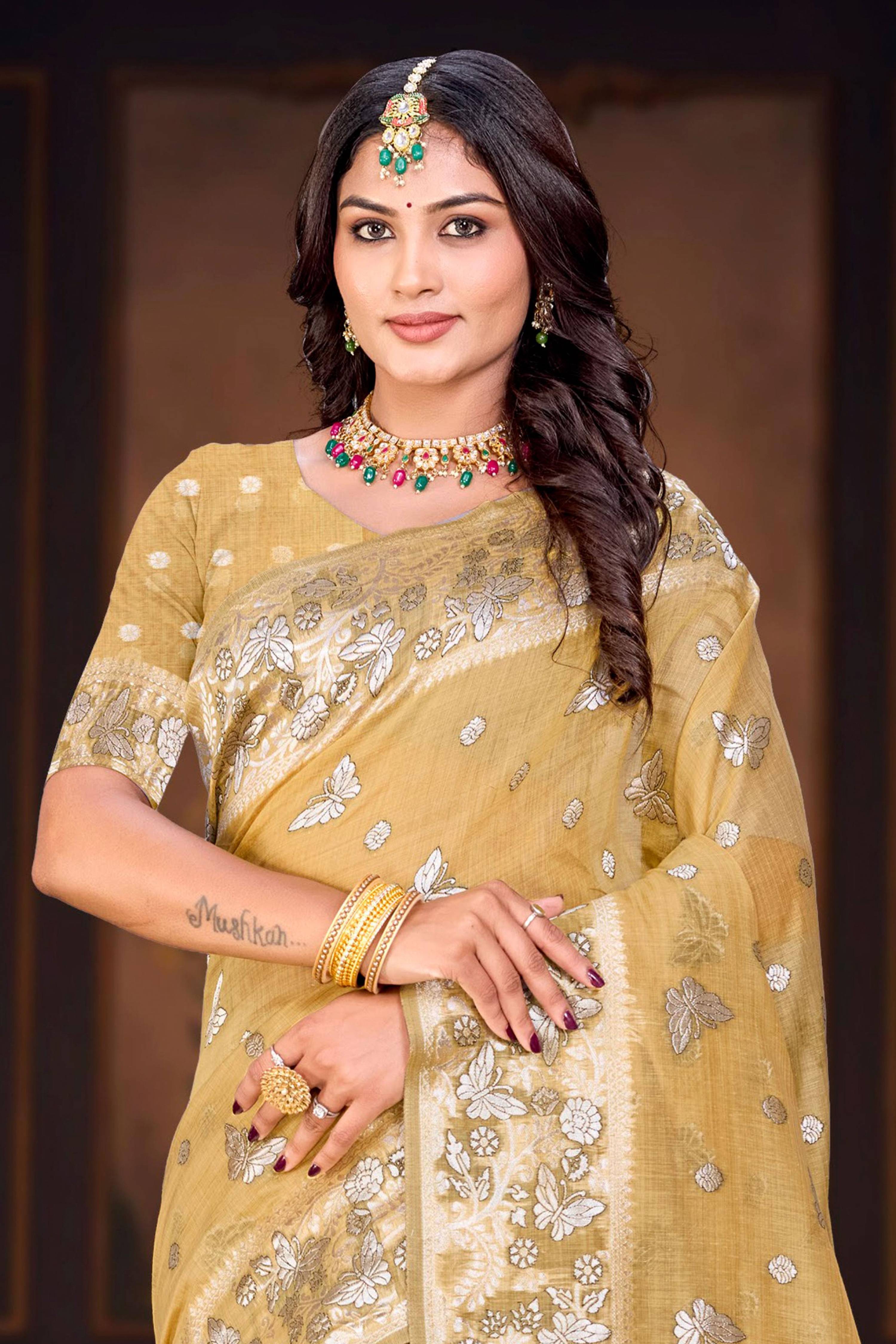 Sangam Prints Dusty Mustard Cotton Blend Woven Work Traditional Saree | Grocsy
