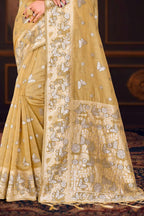 Sangam Prints Dusty Mustard Cotton Blend Woven Work Traditional Saree | Grocsy