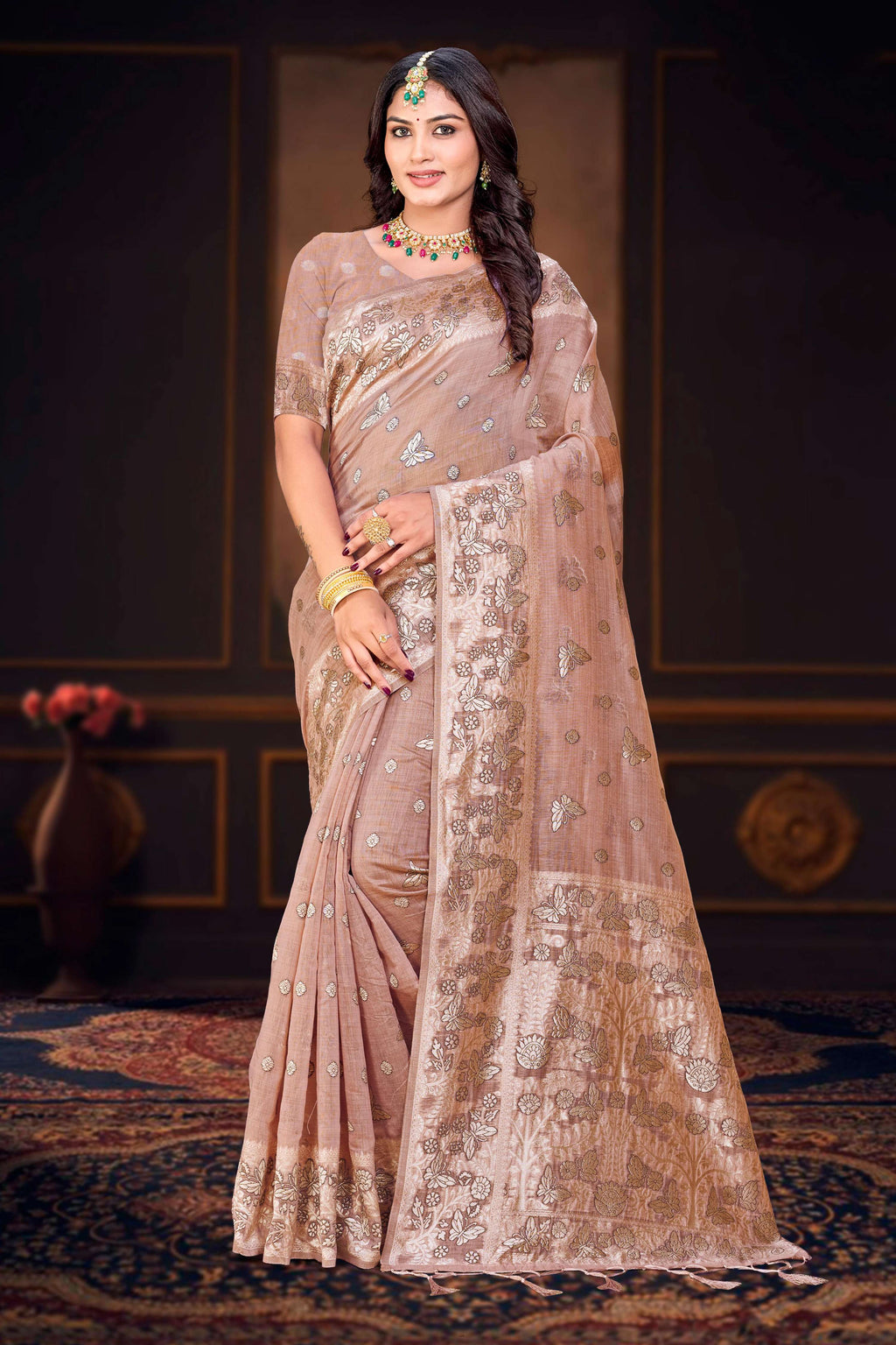 Sangam Prints Dusty Rose Cotton Blend Woven Work Traditional Saree | Grocsy