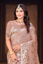 Sangam Prints Dusty Rose Cotton Blend Woven Work Traditional Saree | Grocsy
