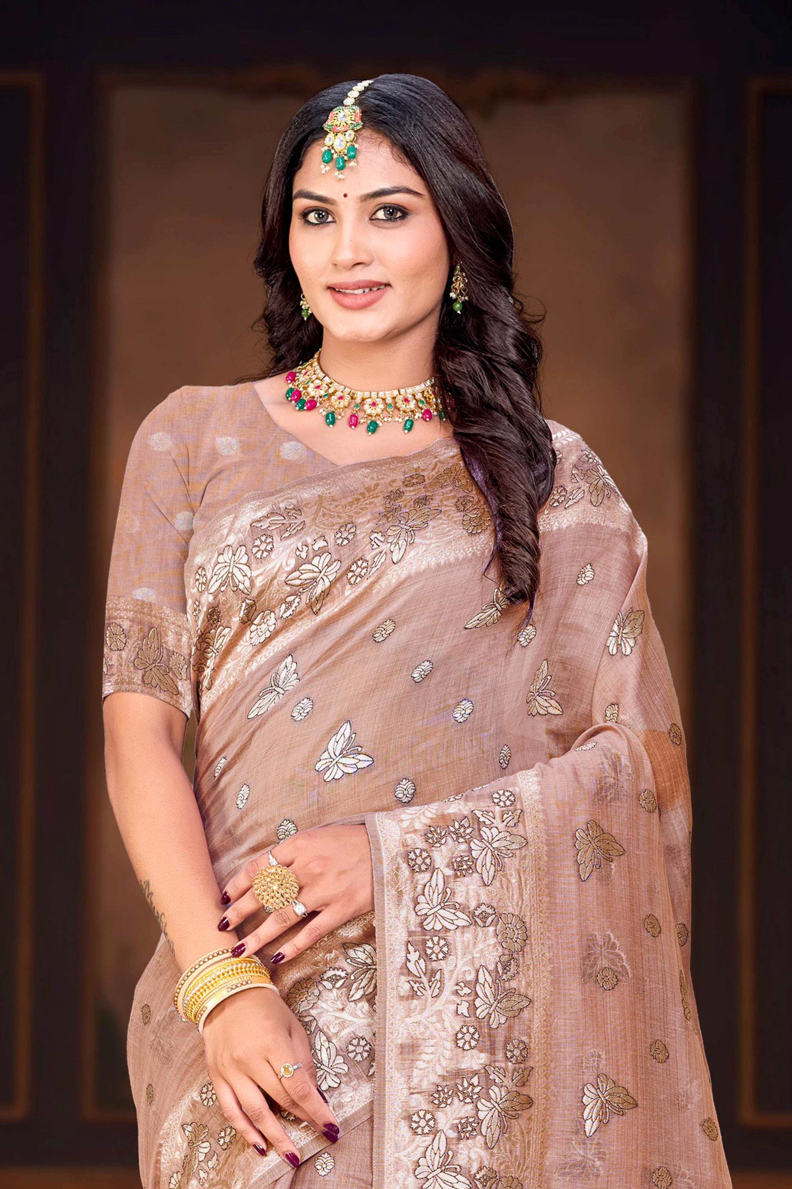 Sangam Prints Dusty Rose Cotton Blend Woven Work Traditional Saree | Grocsy